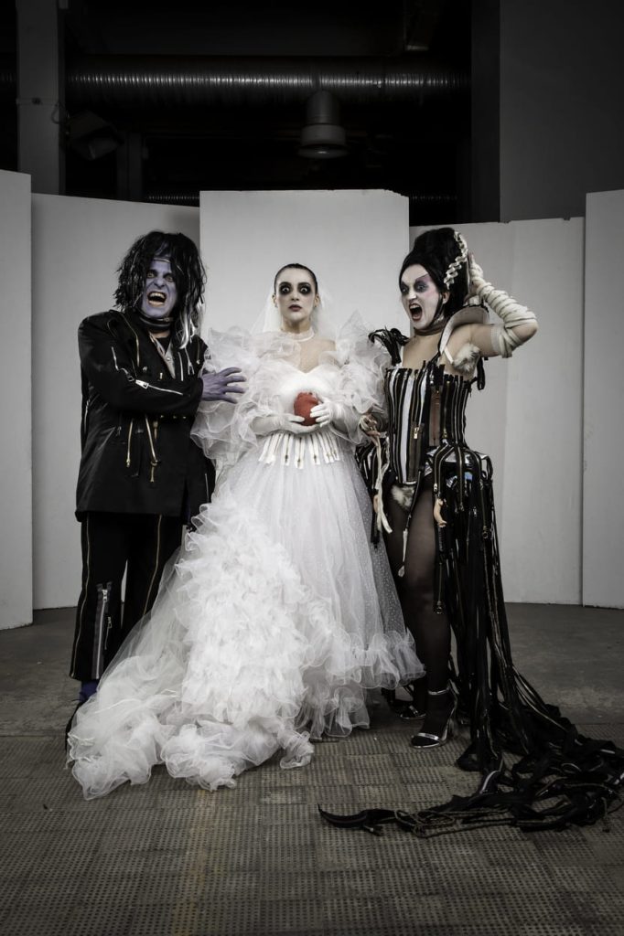 Three performers in gothic costumes in a promotional photograph for The Mary Shelley Picture Show.